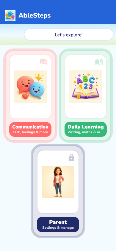 AbleSteps dashboard with Communication, Daily Learning and Parent sections.